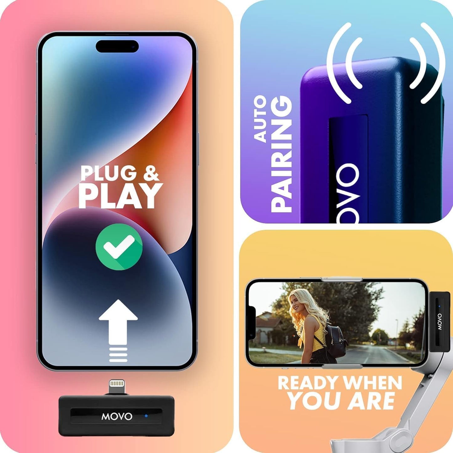 Movo Wireless Mini DI Duo Wireless Microphone for iPhone - Microphone for Video Recording with Clip on Lavalier 10 HR Battery 164FT Range, Wireless Mic for iPhone
