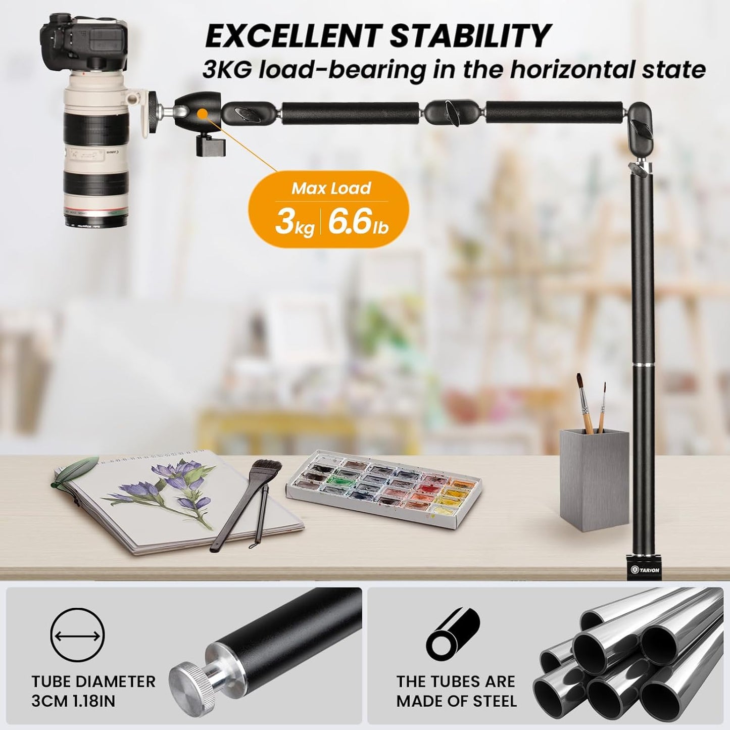 TARION Desk Camera Mount Stand Heavy Duty Articulated Camera Arm Articulating Table Mount Camera Stand Adjustable Flexible Gear Joints TKA01-L