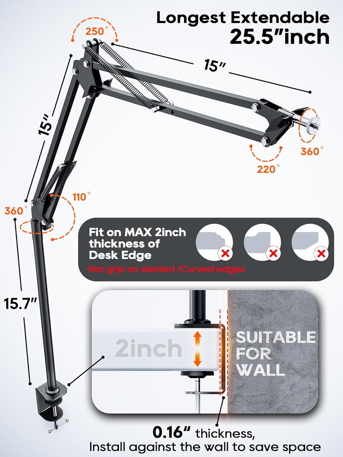 Overhead Camera Mount, 5lb Horizontal Load-Bearing, 360Β° Adjustable Camera Stand for Desk, Flexible Camera Arm Desk Mount, with Phone Clamp, Tabletop Mount for DSLR Camera/Webcam/Microphone