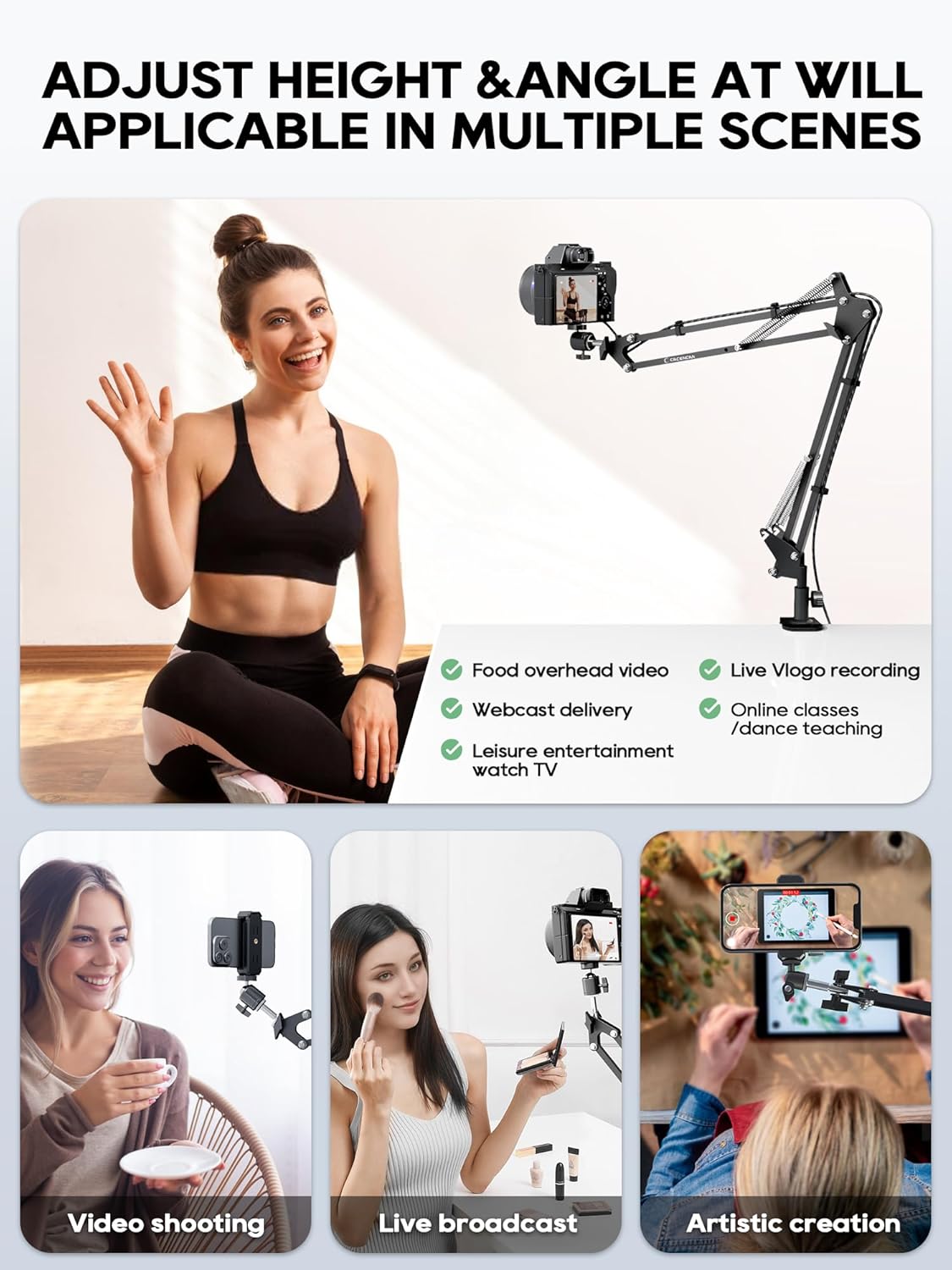 Overhead Camera Mount, 5lb Horizontal Load-Bearing, 360Β° Adjustable Camera Stand for Desk, Flexible Camera Arm Desk Mount, with Phone Clamp, Tabletop Mount for DSLR Camera/Webcam/Microphone