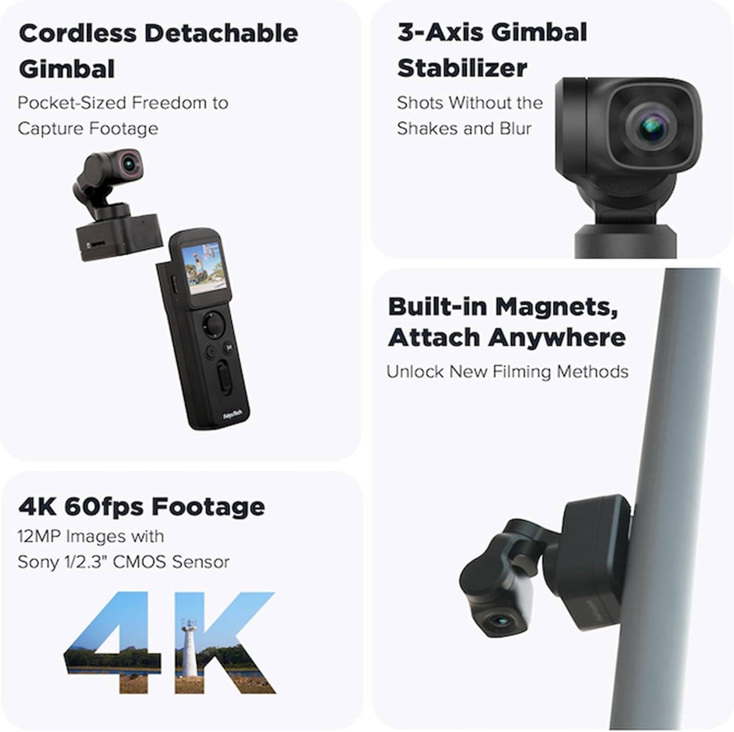 Feiyu Pocket 3 Cordless Detachable 3-Axis Gimbal Camera with Zoom - 1/2.3" CMOS,130°FOV,4K 60FPS,AI Tracking, Portable Camera Stabilizer for Video Recording,Extreme Sport/Riding/Car/Travel