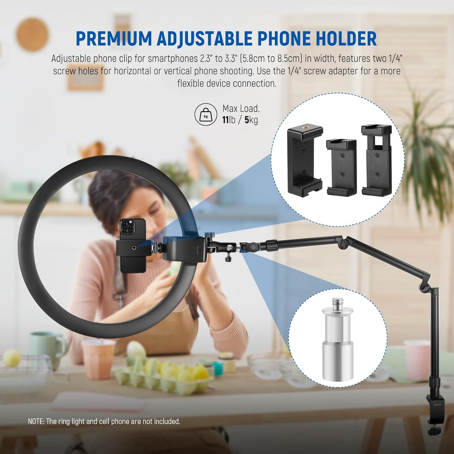 NEEWER Flexible Overhead Camera Mount Desk Stand with Phone Holder, 35.4" Aluminum Alloy Articulating Webcam Stand Arm with C Clamp, Tabletop Mount for Ring Light Camera Smartphone Projector, ST3A