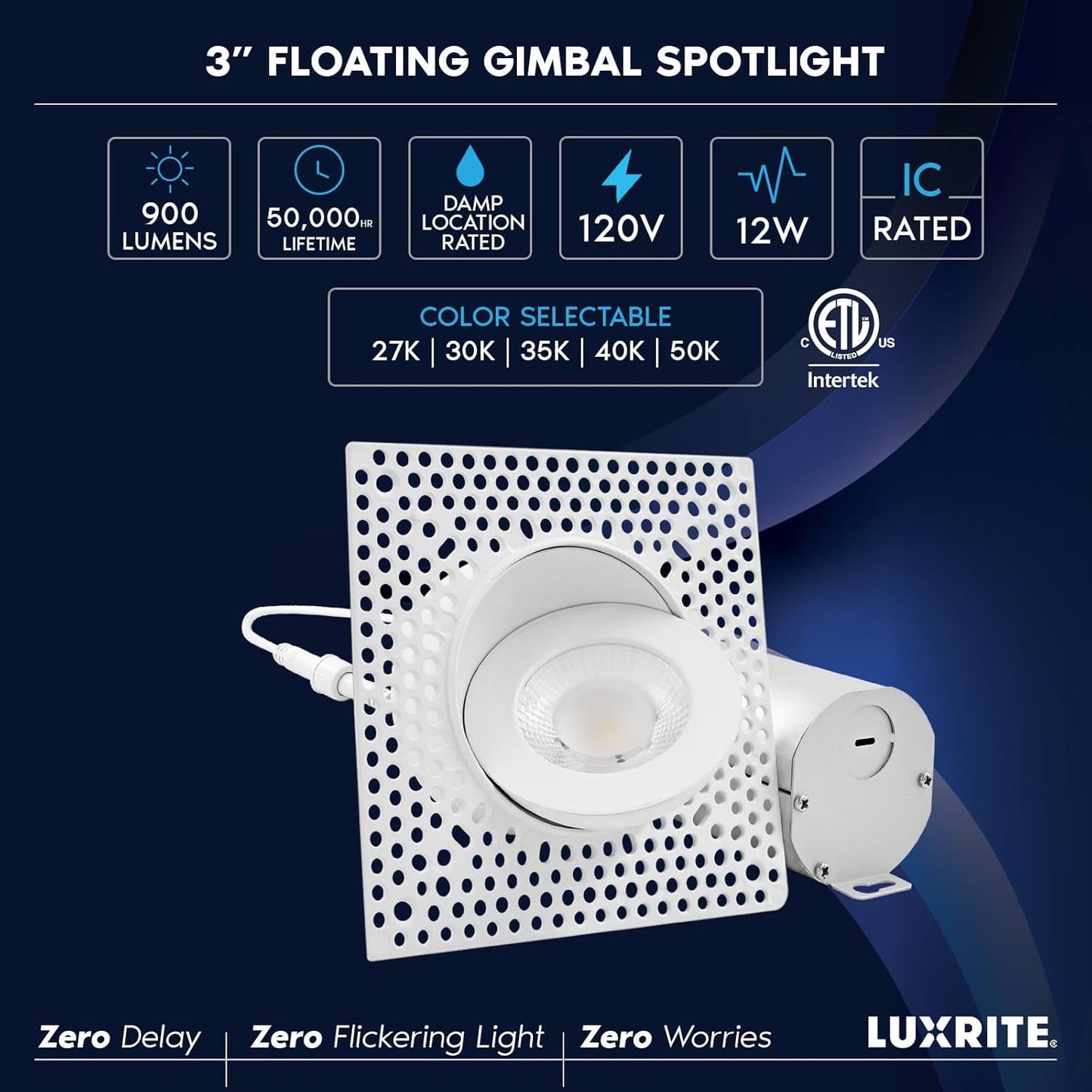 LUXRITE 3 Inch Floating Gimbal LED Trimless Recessed Lighting with Junction Box, CRI 90, 5CCT 2700K-5000K, Dimmable, 12W, 900LM, Adjustable Directional Downlight, Damp & IC Rated, ETL Listed (6 Pack)