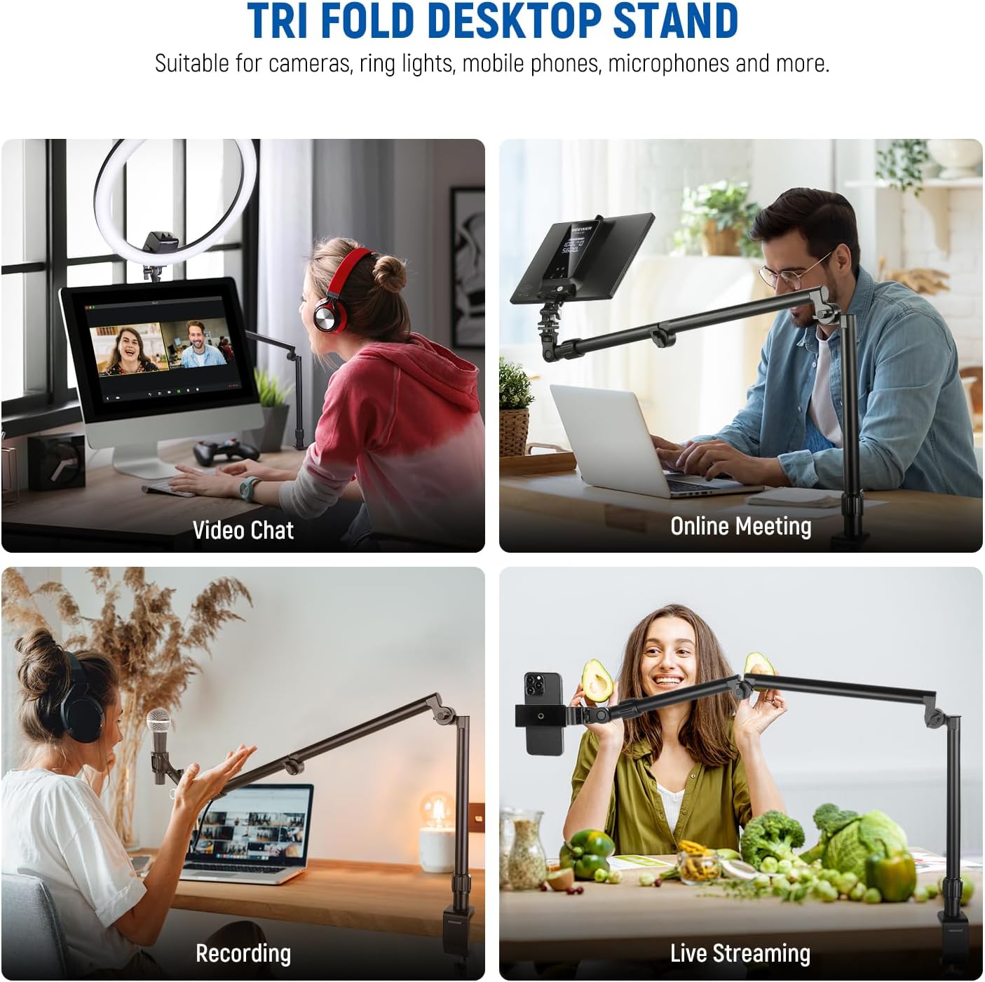 NEEWER Flexible Overhead Camera Mount Desk Stand with Phone Holder, 35.4" Aluminum Alloy Articulating Webcam Stand Arm with C Clamp, Tabletop Mount for Ring Light Camera Smartphone Projector, ST3A