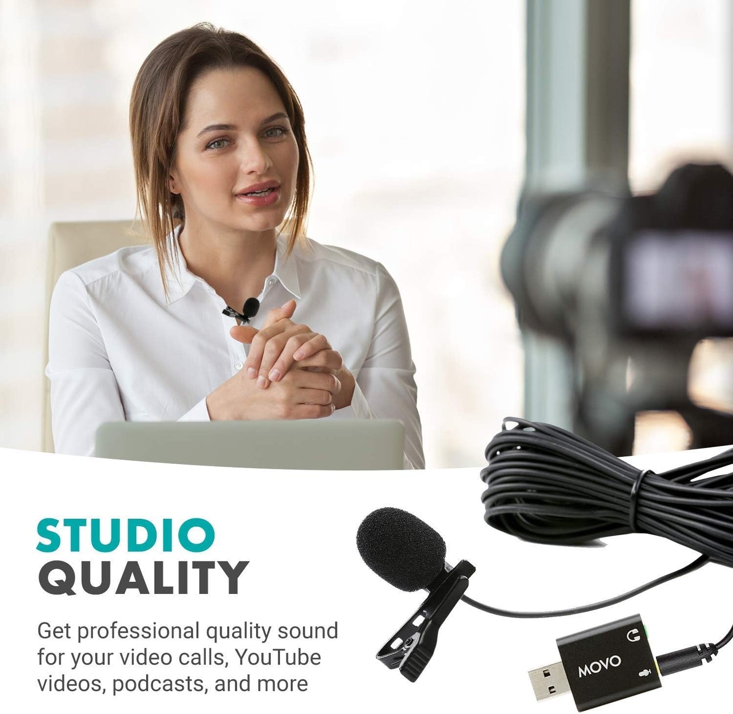 Movo LV1-USB Lavalier Microphone for Computer, Lapel Microphone for iPhone and Android Smartphones, Lav Mic, Clip on Microphone for 3.5mm, USB, Laptop, Desktop, PC, Mac, Cameras, Podcasting, YouTube