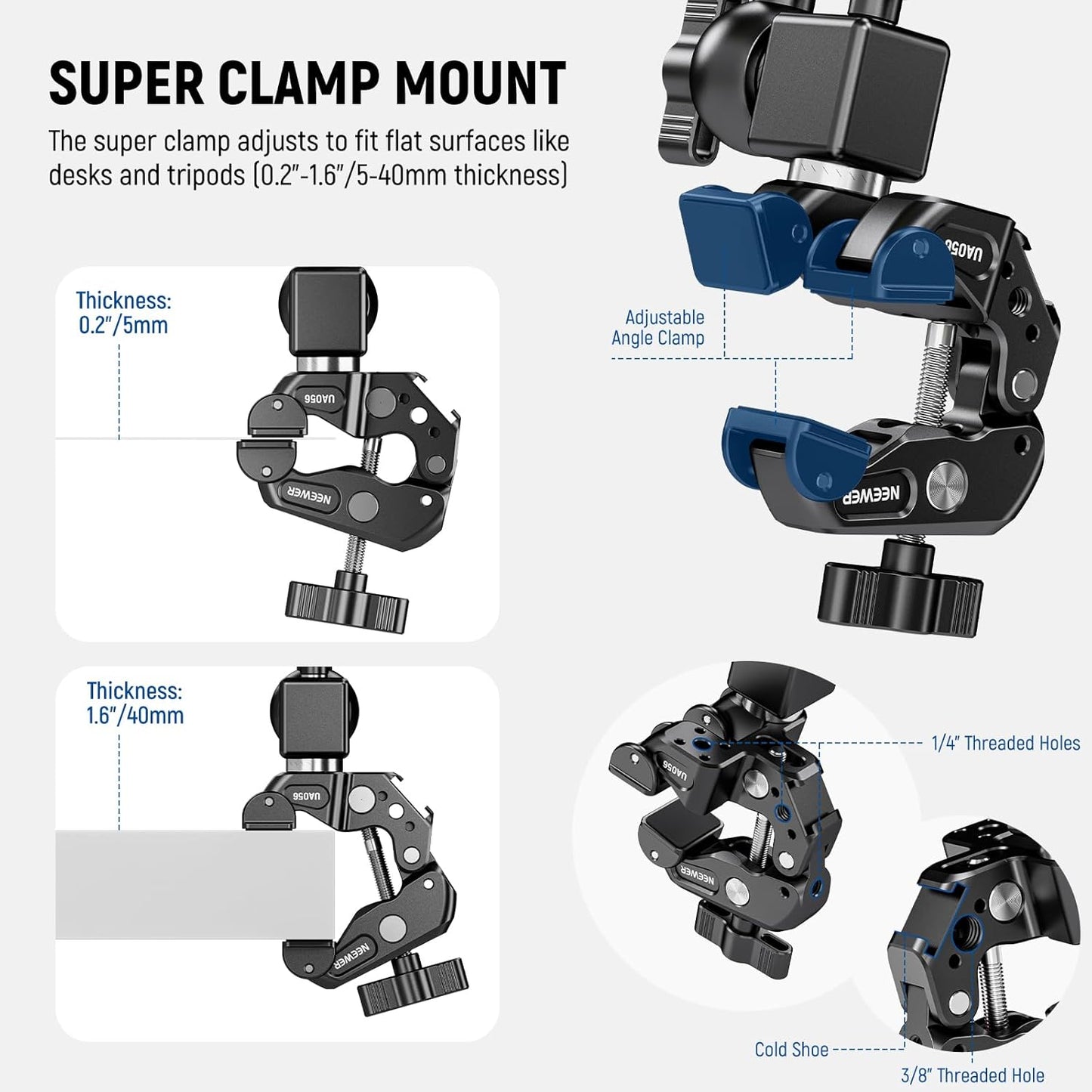 NEEWER 30" Articulating Magic Arm with Super Clamp, Overhead Camera Desk Mount with 1/4" 3/8" Threads for ARRI, Cold Shoe & Phone Holder Compatible with iPhone DSLR Action Camera Video Light, UA056