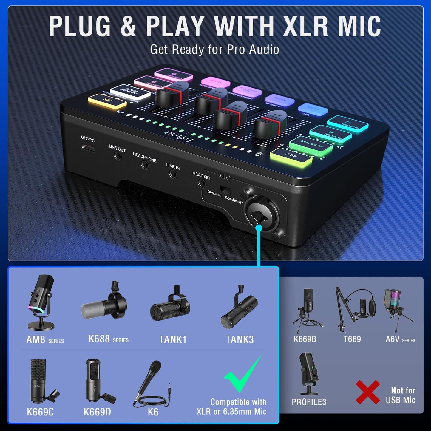 FIFINE Gaming Audio Mixer, Streaming RGB PC Mixer with XLR Microphone Interface, Individual Control, Volume Fader, Mute Button, 48V Phantom Power, for Podcast/Recording/Vocal/Game Voice-AmpliGame SC3
