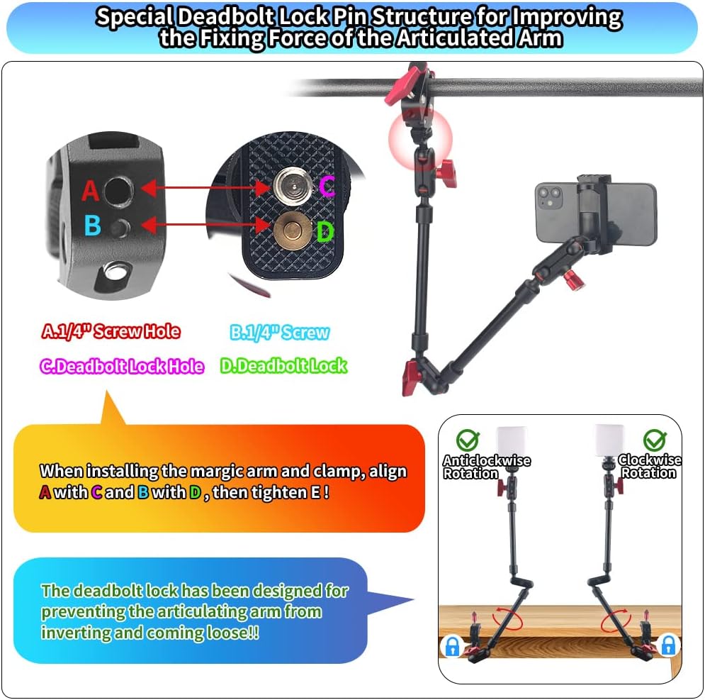 22" Magic Arm w Clamp Camera Mount, Adjustable Articulating Arm Friction Camera Boom Arm Mount Clamp w 1/4" Thread, Overhead Camera Desk Mount Clamp Stand for Tripod Light Webcam Mic Video Rig