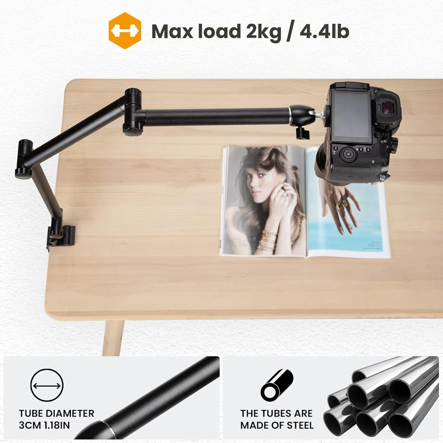 TARION Camera Desk Mount Stand Articulating Camera Arm Flexible Overhead Camera Mount Adjustable Heavy Duty Tabletop DSLR Mount Arm Boom for Flat Photography Videography Filming Live Streaming TKB01