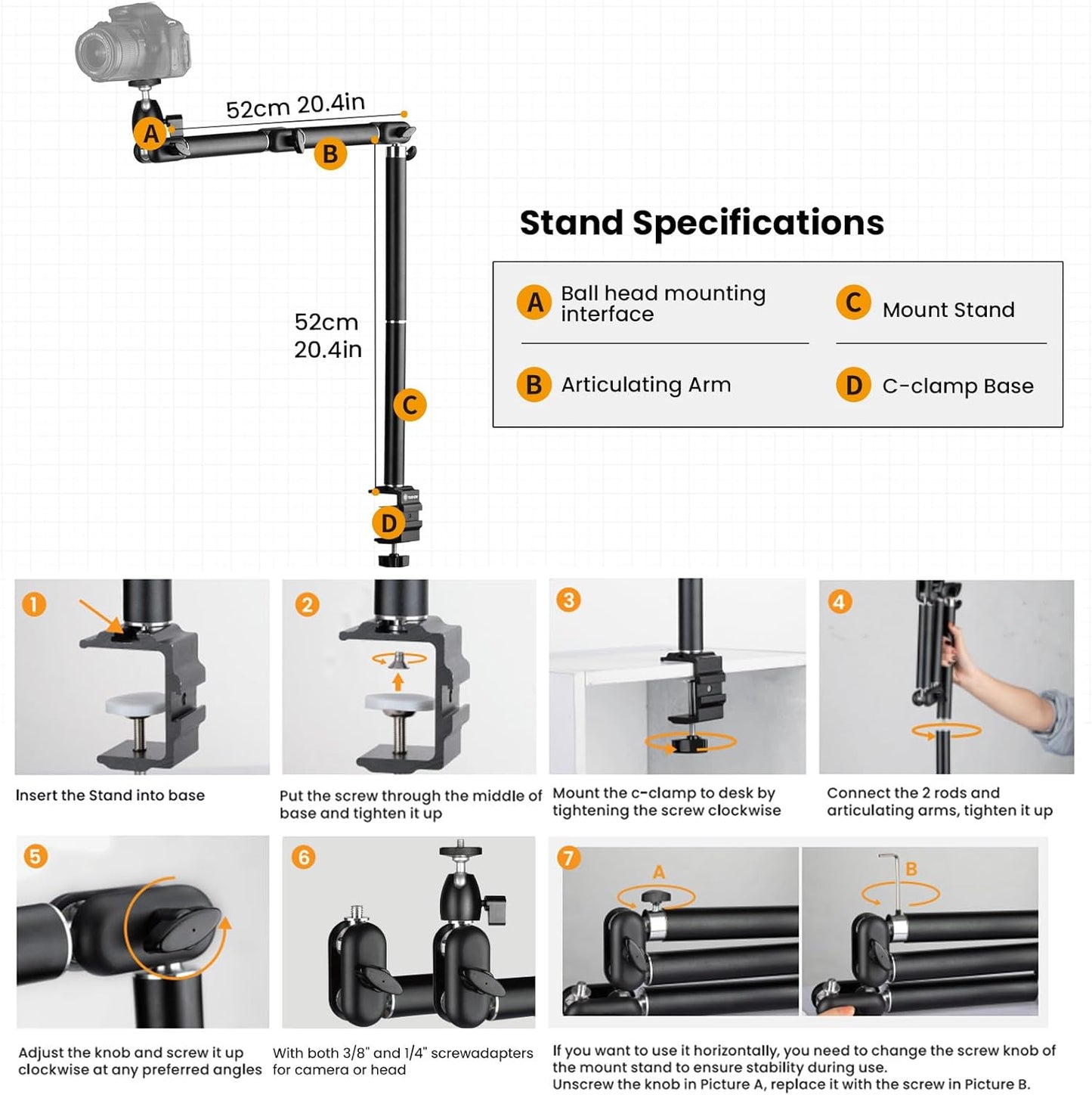 TARION Desk Camera Mount Stand Heavy Duty Articulated Camera Arm Articulating Table Mount Camera Stand Adjustable Flexible Gear Joints TKA01-L