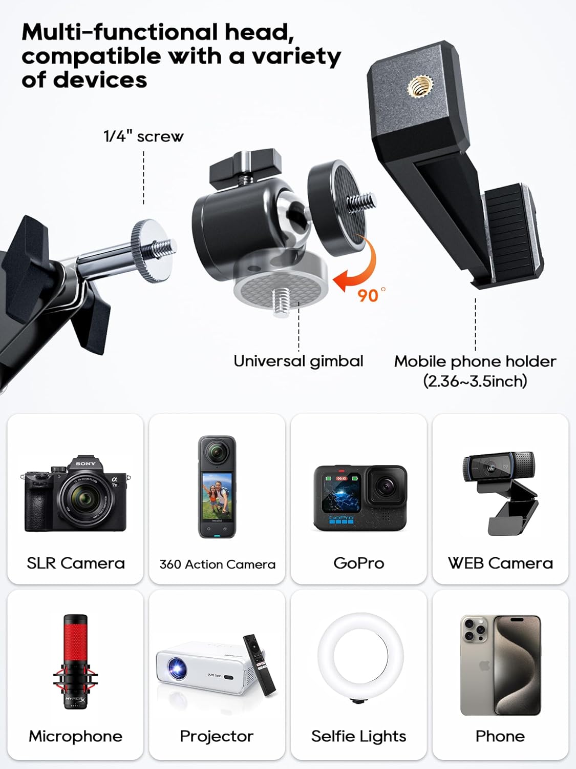 Overhead Camera Mount, 5lb Horizontal Load-Bearing, 360Β° Adjustable Camera Stand for Desk, Flexible Camera Arm Desk Mount, with Phone Clamp, Tabletop Mount for DSLR Camera/Webcam/Microphone
