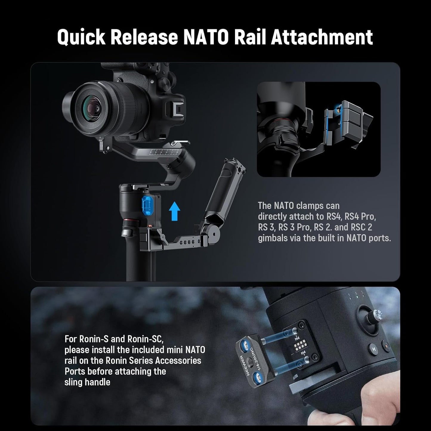 NEEWER RS4 RS3 Adjustable Gimbal Sling Handle Grip with NATO Rail, Compatible with DJI RS4 RS4 Pro RS3 RS3 Pro RS3 Mini RS2 RSC2 Ronin-S Ronin-SC for Low Angle Shot, Max Load 13.2lb, ST49
