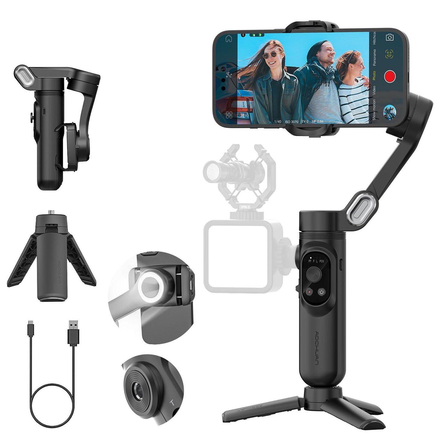 Handheld Gimbal Stabilizer for iPhone 15/14 Android Phone 3-axis Phone Stabilizer for Video Recording Vlogging, Smartphone Gimbal w/RGB Light,AI Tracking for TikTok YouTube(Smart X Kit Black)