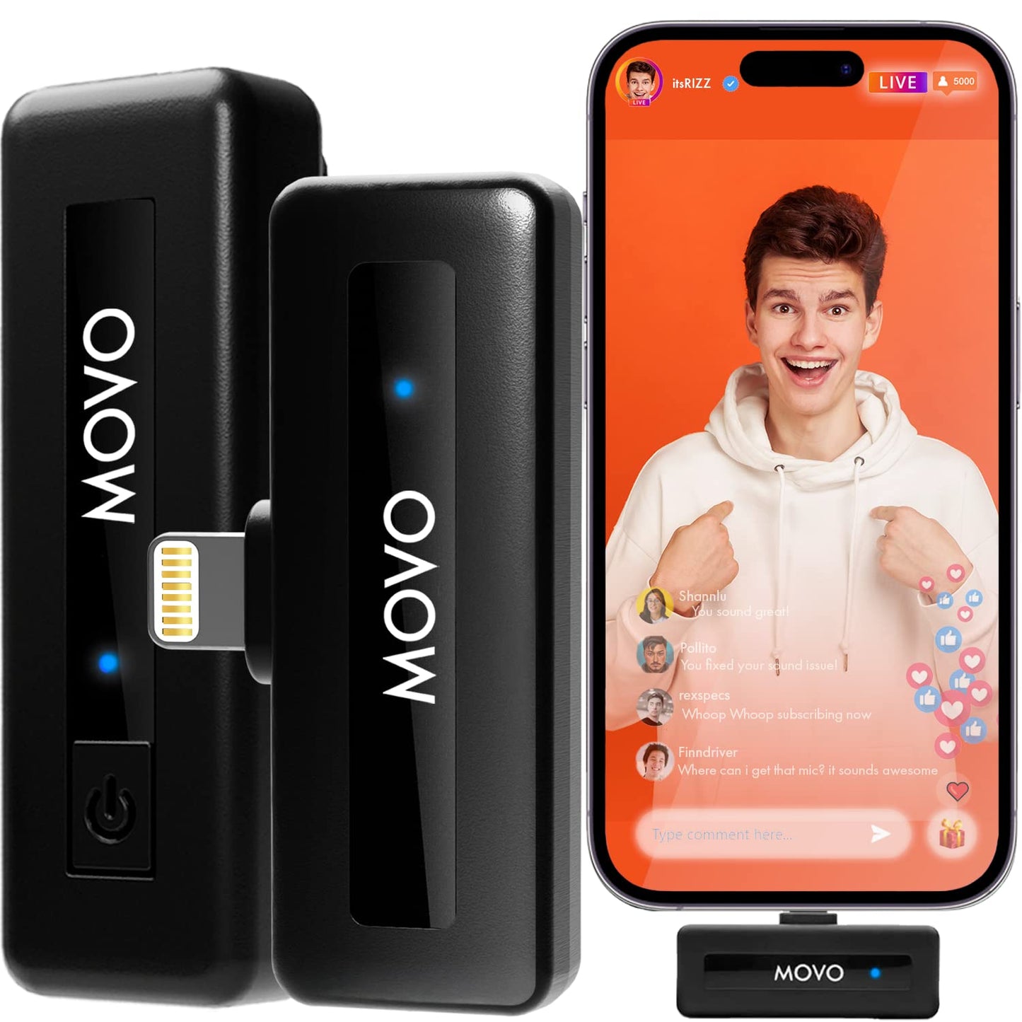 Movo Wireless Mini DI Duo Wireless Microphone for iPhone - Microphone for Video Recording with Clip on Lavalier 10 HR Battery 164FT Range, Wireless Mic for iPhone
