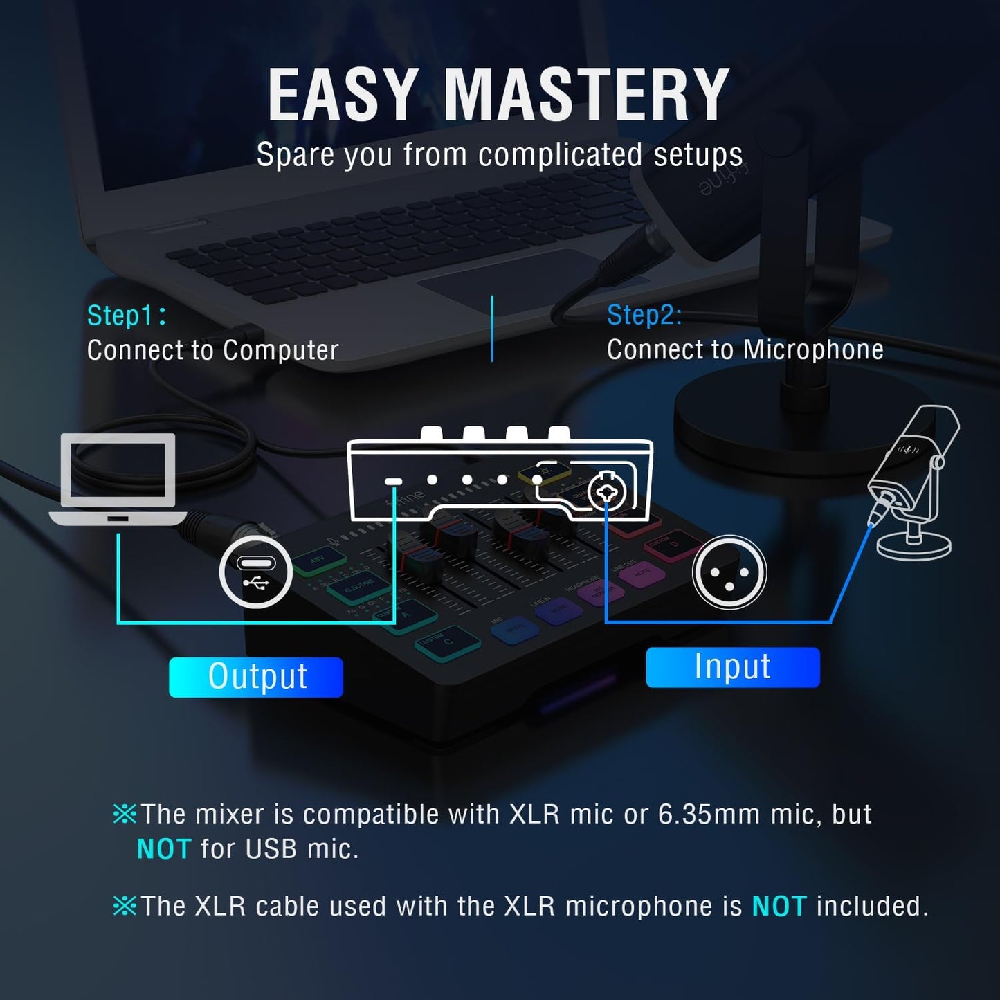FIFINE Gaming Audio Mixer, Streaming RGB PC Mixer with XLR Microphone Interface, Individual Control, Volume Fader, Mute Button, 48V Phantom Power, for Podcast/Recording/Vocal/Game Voice-AmpliGame SC3