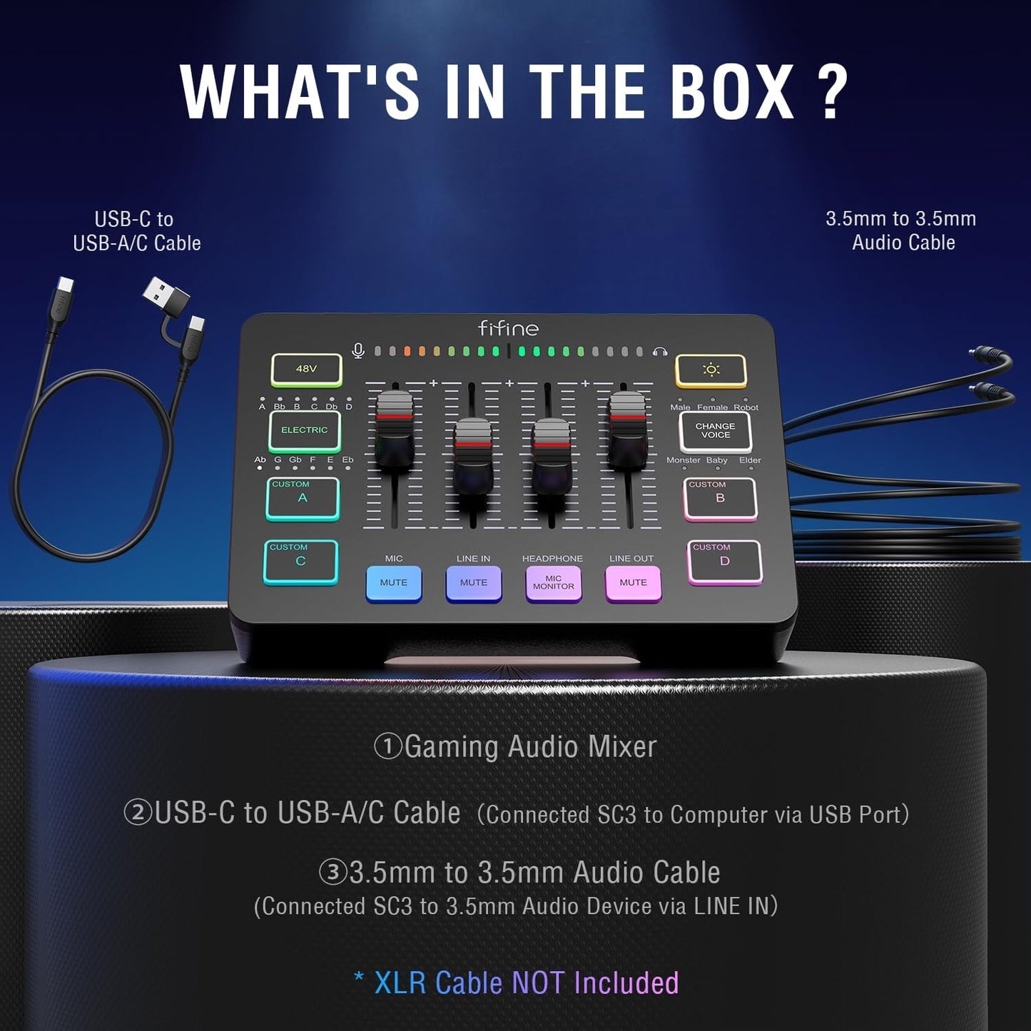 FIFINE Gaming Audio Mixer, Streaming RGB PC Mixer with XLR Microphone Interface, Individual Control, Volume Fader, Mute Button, 48V Phantom Power, for Podcast/Recording/Vocal/Game Voice-AmpliGame SC3