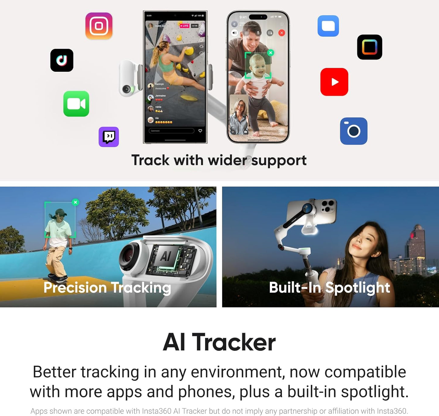 Insta360 Flow 2 Pro White - Foldable AI Phone Gimbal, Track in 200+ Apps with Apple DockKit, Multi-Person Tracking, 360º Pan Tracking, Built-in Tripod/Selfie Stick, iPhone/Android Portable Stabilizer