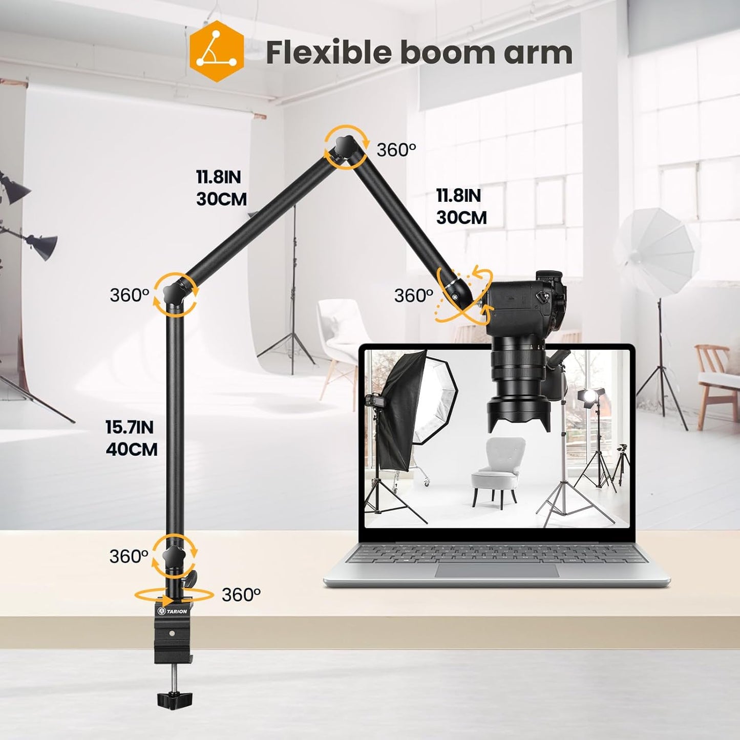 TARION Camera Desk Mount Stand Articulating Camera Arm Flexible Overhead Camera Mount Adjustable Heavy Duty Tabletop DSLR Mount Arm Boom for Flat Photography Videography Filming Live Streaming TKB01