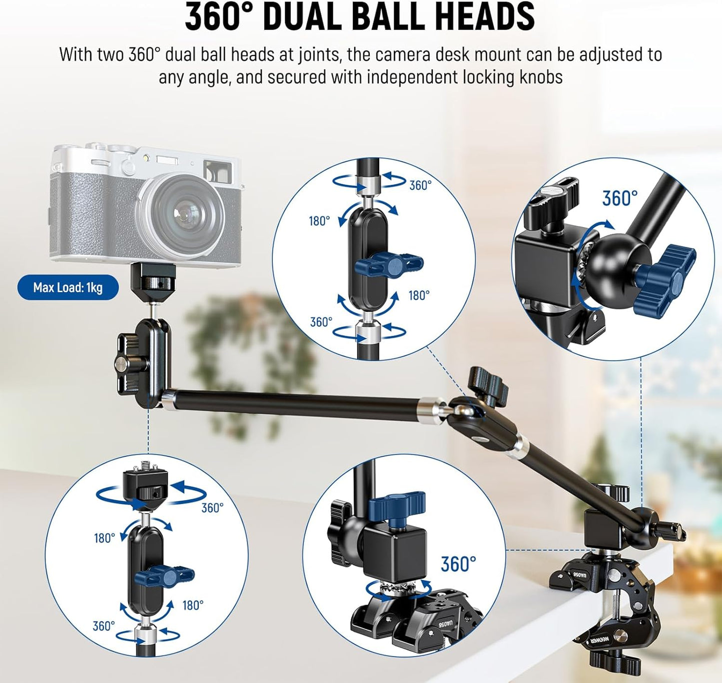 NEEWER 30" Articulating Magic Arm with Super Clamp, Overhead Camera Desk Mount with 1/4" 3/8" Threads for ARRI, Cold Shoe & Phone Holder Compatible with iPhone DSLR Action Camera Video Light, UA056