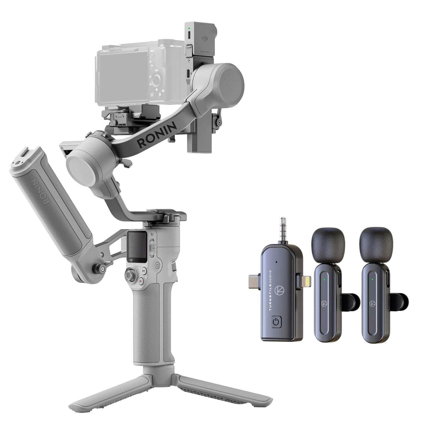 DJI RS 4 Mini, Gimbal Stabilizer for Cameras, Auto Axis Locks, Camera Gimbal, Native Vertical Shooting + Turnstile Wireless Lavalier 2X Microphones (Standard)