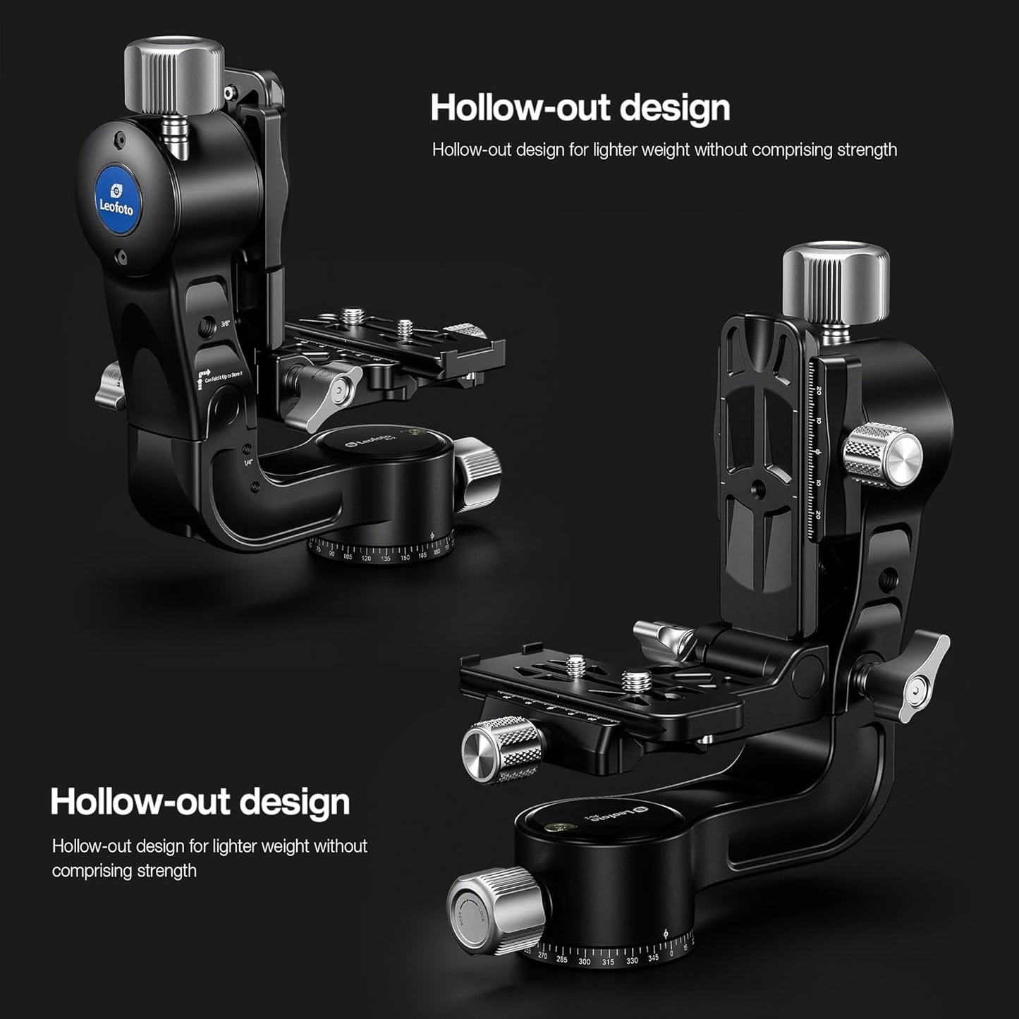 Leofoto Camera Gimbal Head, Aluminum Folding Gimbal Head with 3/8"-16 Hole and 1/4"-20 Threaded for Mounting Tripod/LED Panels/Monitors/Microphones, Max Load to 25kg/55.12lb (PG-2-Black)