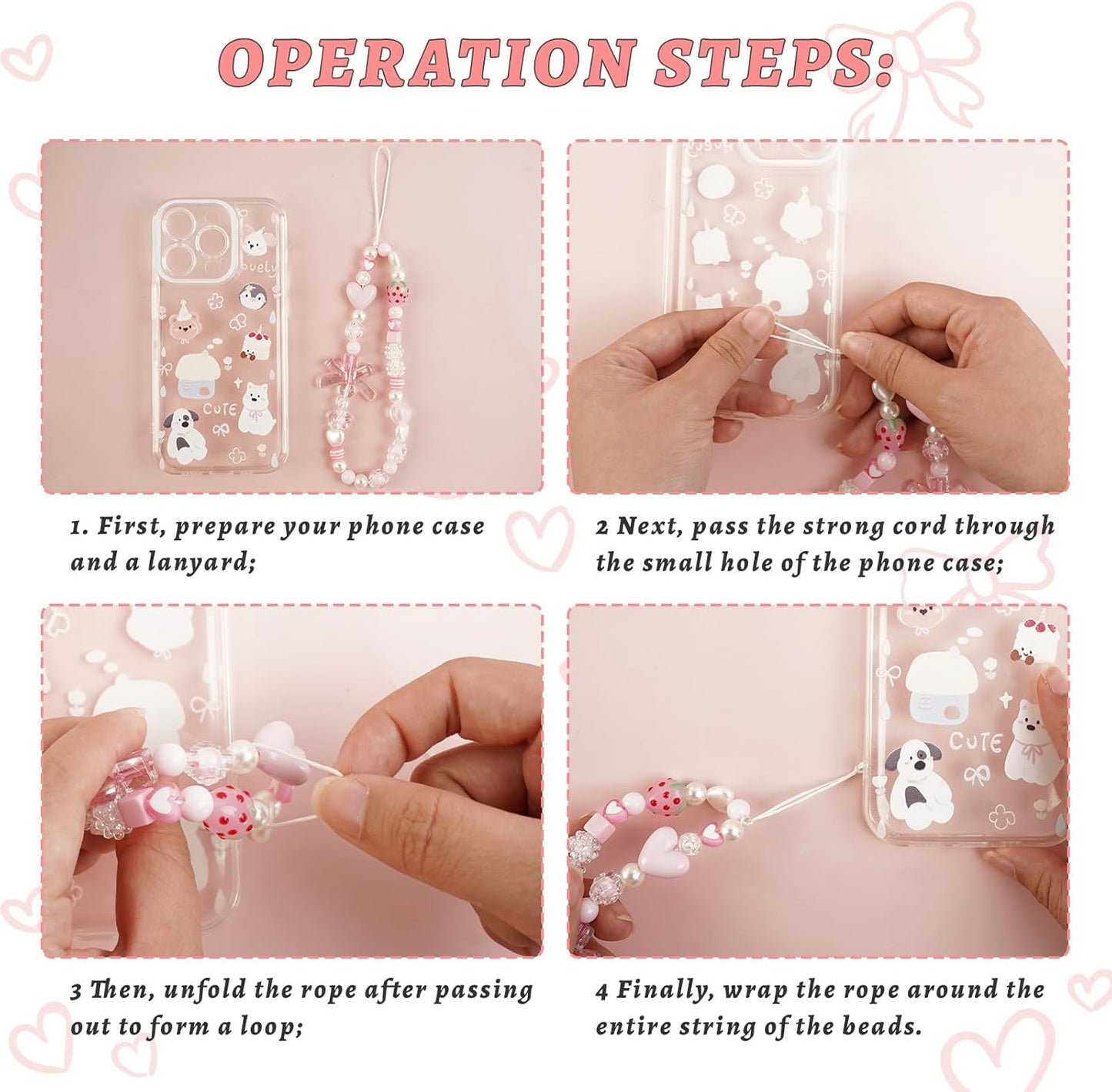 Pink Beaded Phone Wrist Straps, Y2K Phone Case Charms Camera Charm Strap, Lanyard Keychain Wristlet Aesthetic Cellphone Charm