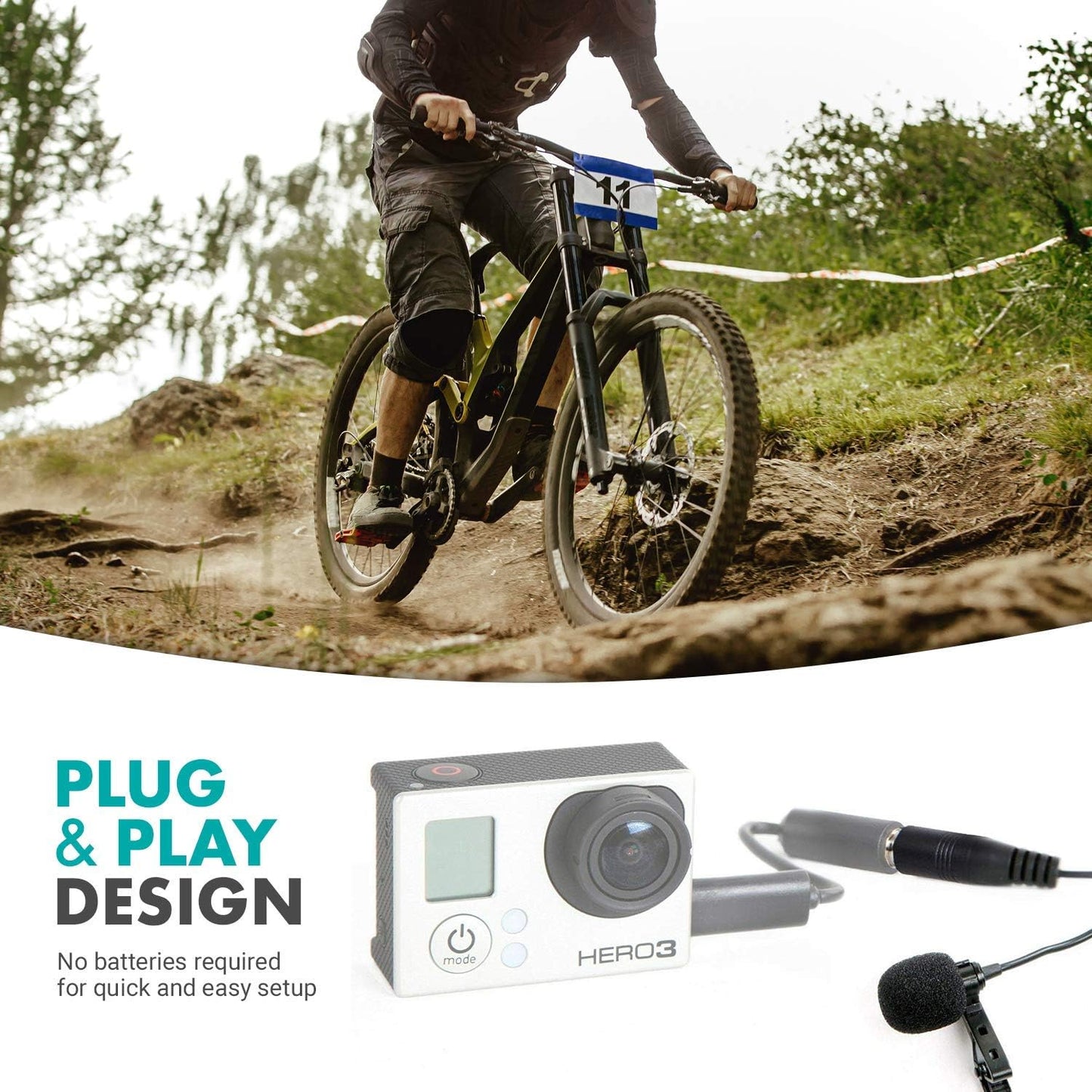 Movo GM100 Clip-on Lavalier Microphone for Compatible with GoPro HERO3, HERO3+ and HERO4 Black, White and Silver Editions - Includes Mic Adapter for Go Pro