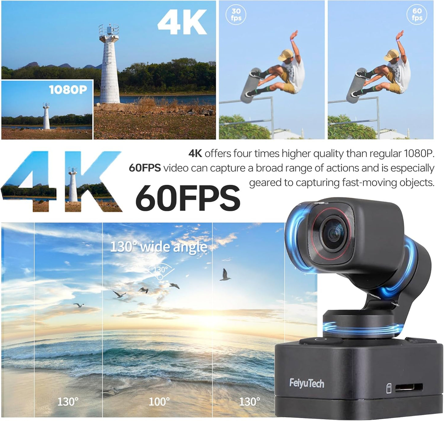 Feiyu Pocket 3 Cordless Detachable 3-Axis Gimbal Camera with Zoom - 1/2.3" CMOS,130°FOV,4K 60FPS,AI Tracking, Portable Camera Stabilizer for Video Recording,Extreme Sport/Riding/Car/Travel