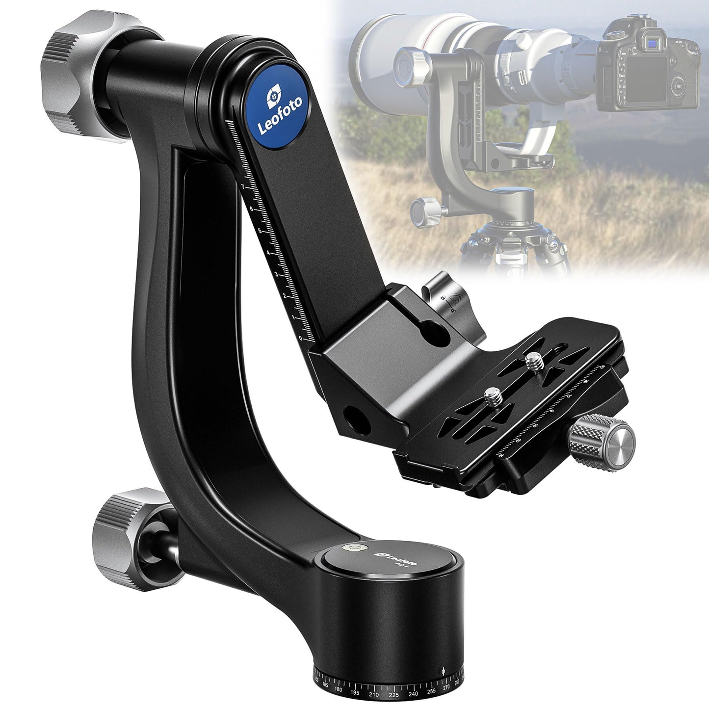 Leofoto Camera Gimbal Head, Aluminum Folding Gimbal Head with 3/8"-16 Hole and 1/4"-20 Threaded for Mounting Tripod/LED Panels/Monitors/Microphones, Max Load to 25kg/55.12lb (PG-2-Black)