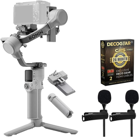DJI CP.RN.00000442.03 RS 4 Mini, Gimbal Stabilizer for Camera, Intelligent Tracking Bundle with 2X Clip-On Mini Lapel Mic and Deco Gear CPS Exclusive 26 Month Protection Pack (BEACH-CPS-261000)