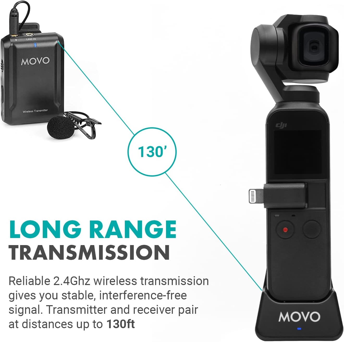 Movo Edge-OP Wireless Lavalier Microphone for Osmo Pocket 1 and 2 - Wireless Clip-on Lapel Mic, Transmitter, and Receiver Set for Video, Vlogging, Filming