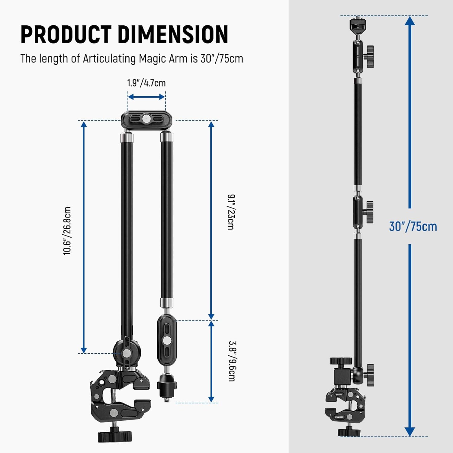 NEEWER 30" Articulating Magic Arm with Super Clamp, Overhead Camera Desk Mount with 1/4" 3/8" Threads for ARRI, Cold Shoe & Phone Holder Compatible with iPhone DSLR Action Camera Video Light, UA056