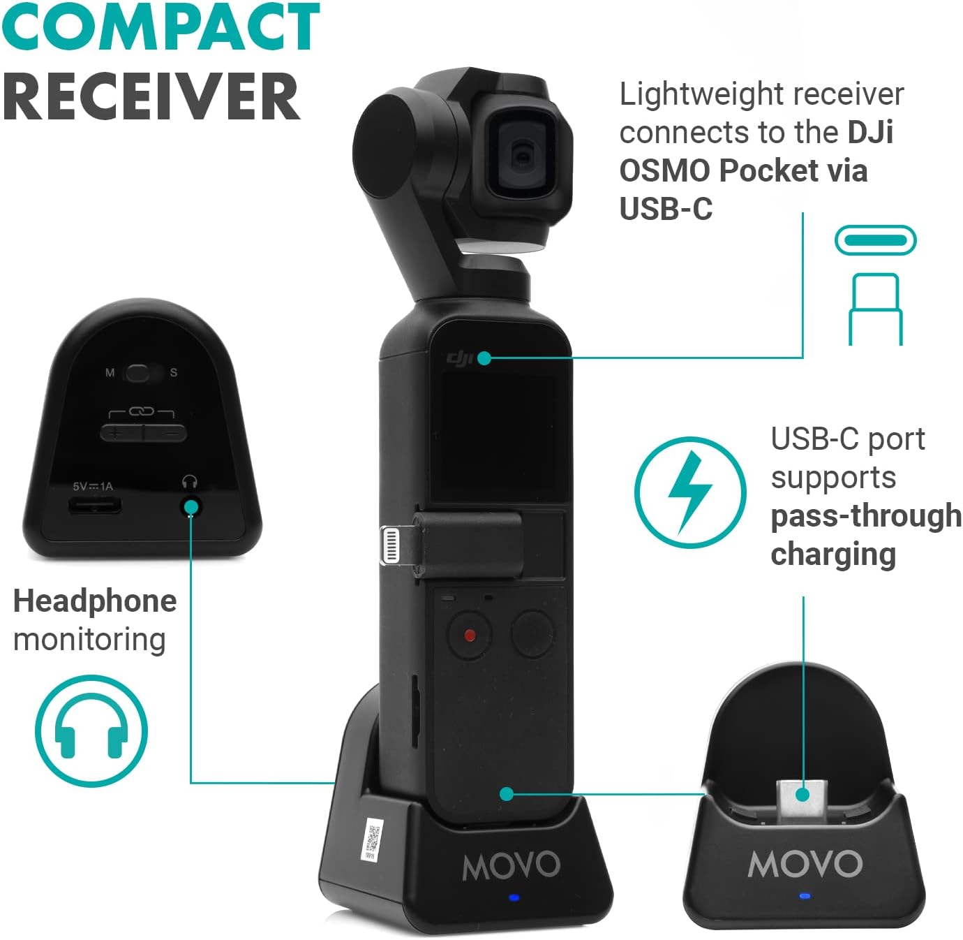 Movo Edge-OP Wireless Lavalier Microphone for Osmo Pocket 1 and 2 - Wireless Clip-on Lapel Mic, Transmitter, and Receiver Set for Video, Vlogging, Filming