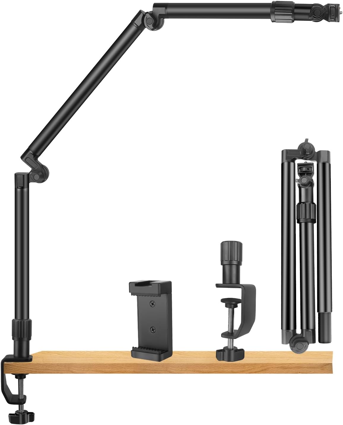 JINSUI 37" Overhead Camera Mount Desk Stand, 3-Section 360° Adjustable Articulating Metal Arm with 1/4" Screw and Phone Holder, Foldable Webcam Stand for DSLR Camera Ring Light Projector