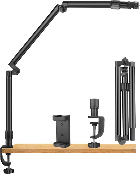 JINSUI 37" Overhead Camera Mount Desk Stand, 3-Section 360° Adjustable Articulating Metal Arm with 1/4" Screw and Phone Holder, Foldable Webcam Stand for DSLR Camera Ring Light Projector