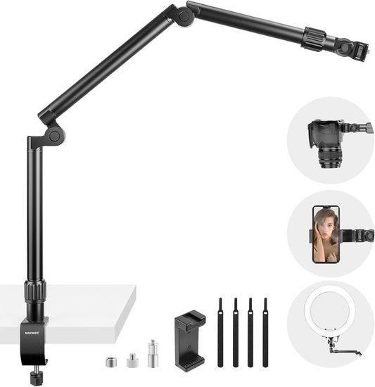 NEEWER Flexible Overhead Camera Mount Desk Stand with Phone Holder, 35.4" Aluminum Alloy Articulating Webcam Stand Arm with C Clamp, Tabletop Mount for Ring Light Camera Smartphone Projector, ST3A
