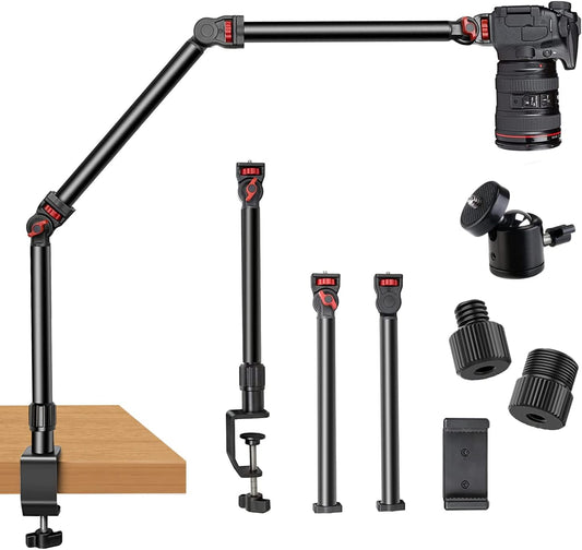 Overhead Camera Mount Desk Stand, 3-Section Flexible Detachable Articulating Arm with 1/4“ 3/8" 5/8" Screw&360° Ball Head, C-clamp Tabletop Mount for DSLR Camera/Webcam/Microphone/Lights