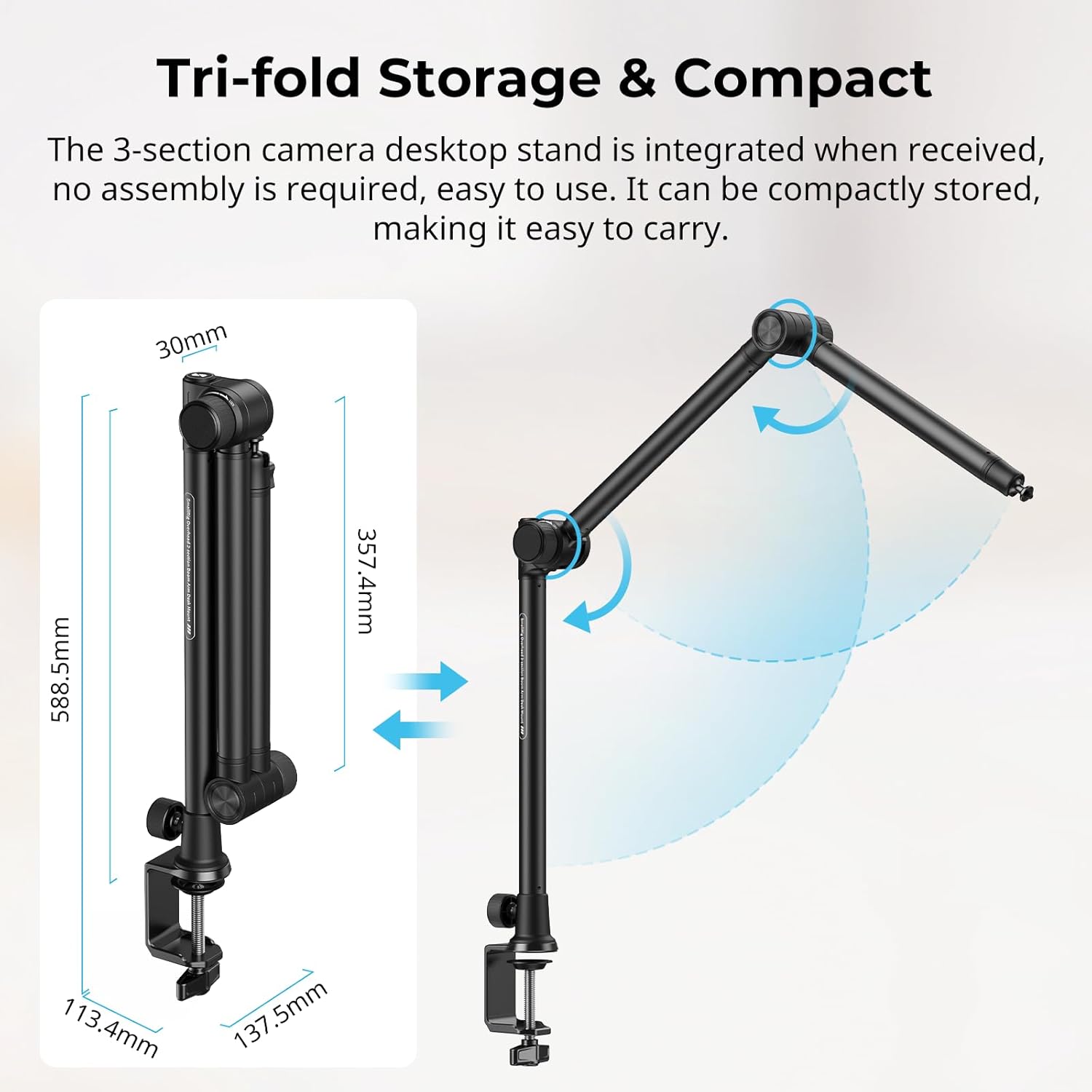 SMALLRIG Overhead 3-Section Desktop Camera Bracket, Damping Boom Arm Desk Mount with 360 Rotatable Ball Head, Tabletop C Clamp, Max Load to 4.4lbs / 2kg for Photography Videography Live Stream