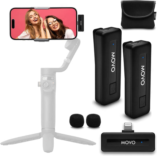 Movo Wireless Mini DI Duo Wireless Microphone for iPhone - Microphone for Video Recording with Clip on Lavalier 10 HR Battery 164FT Range, Wireless Mic for iPhone