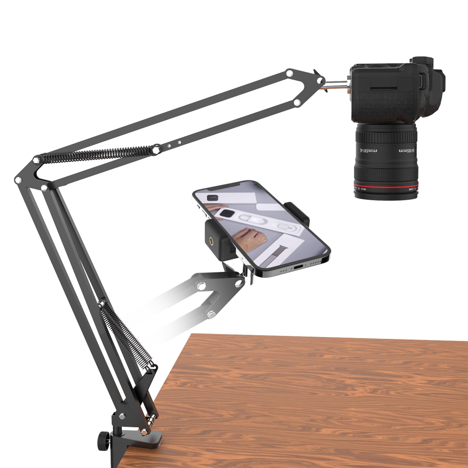 Overhead DSLR Camera Mount with Ring Light, Heavy Duty Desk Camera Stand for Canon Nikon Sony Fuji SLR Mirrorless Cam, Articulating Arm Tripod for Live Streming Video Recording Photography