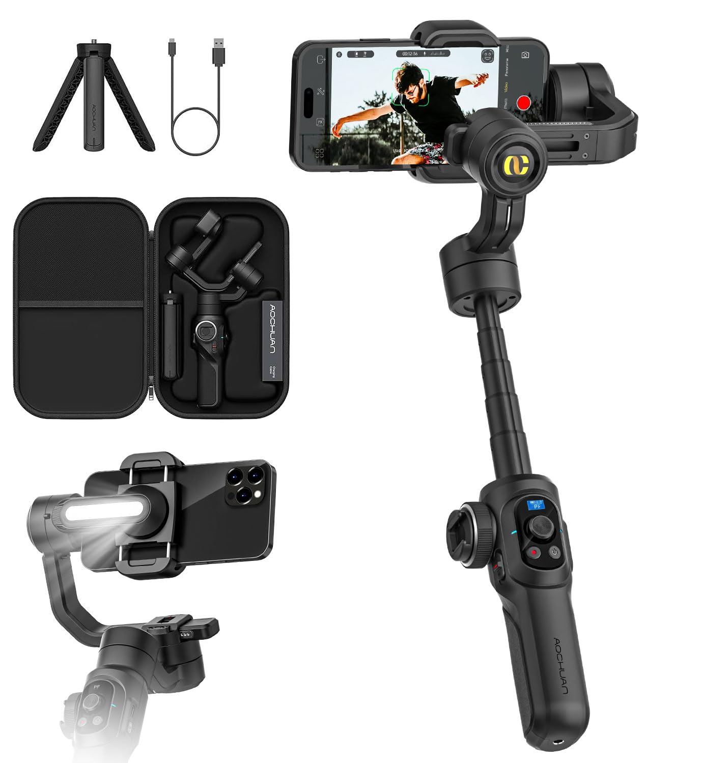 S2 Mic Smartphone Gimbal Stabilizer w/Wireless Lavalier Microphone, Built-in 18cm Extension Rod & Fill Light, Professional 3-Axis Gimbal for iPhone & Android for Video Recording