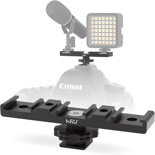 HSU Cold Shoe Mount Bracket, Triple-Head Hot Shoe Mount, 1/4 Screw Port, Aluminum Cold Shoe Plate Adapter with Cable Slot Bayonet for Microphone, Led Video Light, Monitor