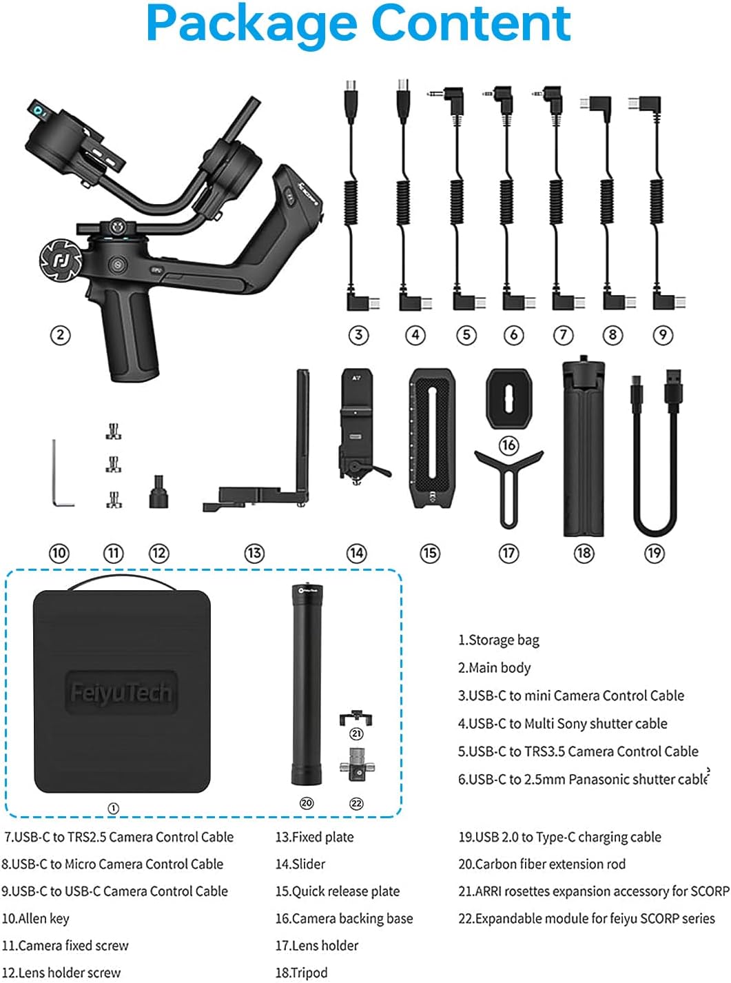 FeiyuTech SCORP 2 [Combo]: Camera Gimbal Stabilizer + Poratble Bag+ARRI Rosettes Gear+Carbon Fiber Bar,Built-in AI Tracker,1.3'' Touch Screen,for Sony/Canon/Nikon/Fujifilm Mirrorless&DSLR Camera