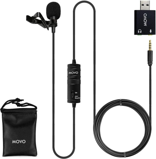 Movo LV1-USB Lavalier Microphone for Computer, Lapel Microphone for iPhone and Android Smartphones, Lav Mic, Clip on Microphone for 3.5mm, USB, Laptop, Desktop, PC, Mac, Cameras, Podcasting, YouTube