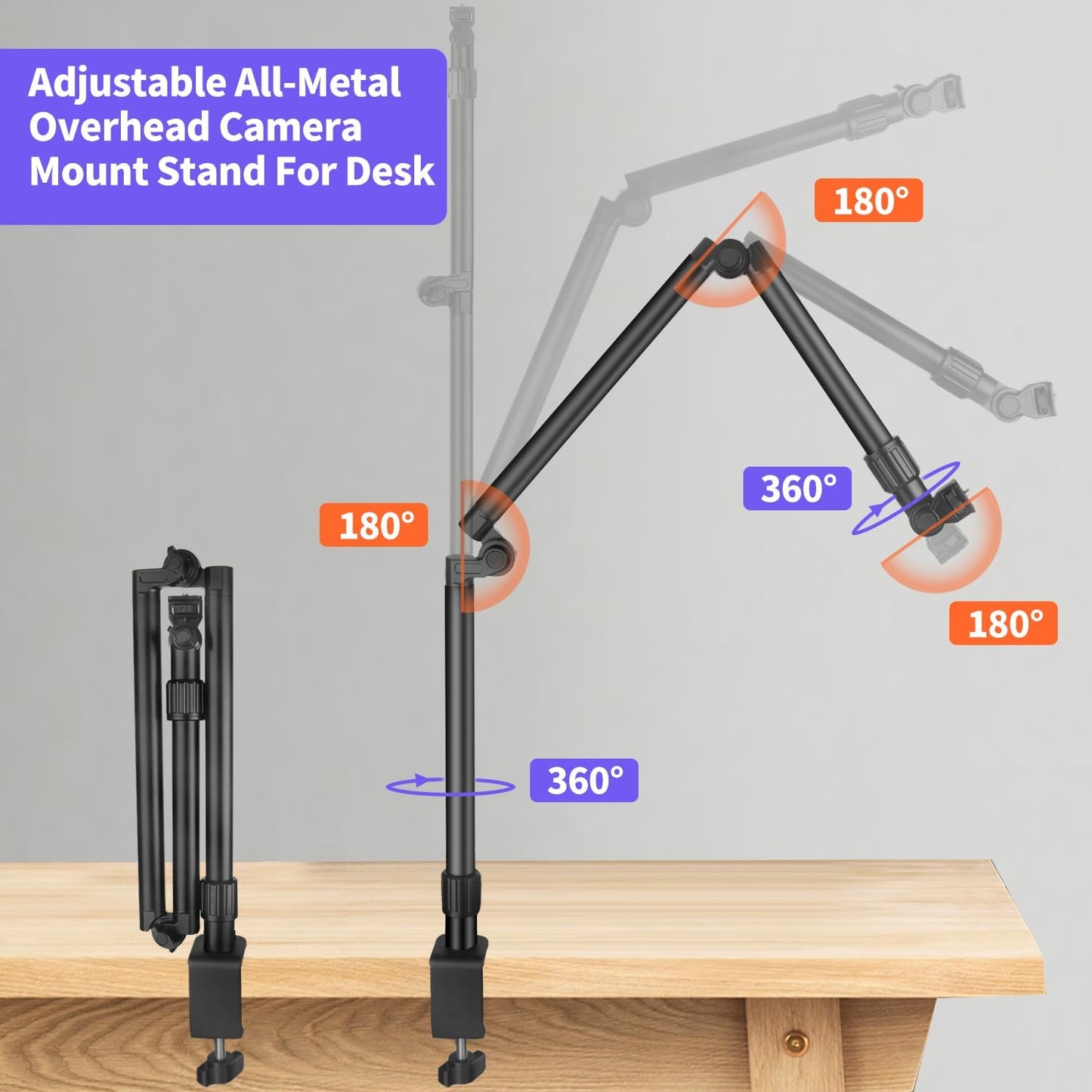 JINSUI 37" Overhead Camera Mount Desk Stand, 3-Section 360° Adjustable Articulating Metal Arm with 1/4" Screw and Phone Holder, Foldable Webcam Stand for DSLR Camera Ring Light Projector