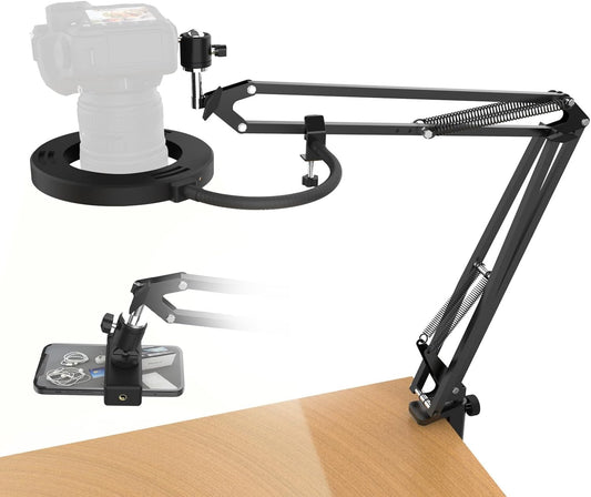 Overhead DSLR Camera Mount with Ring Light, Heavy Duty Desk Camera Stand for Canon Nikon Sony Fuji SLR Mirrorless Cam, Articulating Arm Tripod for Live Streming Video Recording Photography
