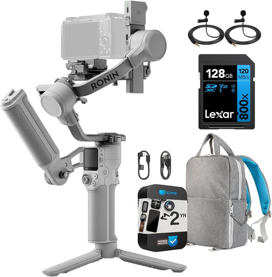 DJI RS 4 Mini Combo Gimbal Stabilizer for Camera, Auto Axis Locks, Intelligent Tracking Bundle with 128GB Memory Card, Deco Gear Backpack, 2 YR CPS Enhanced Protection Pack, 2 x Deco Gear Microphone