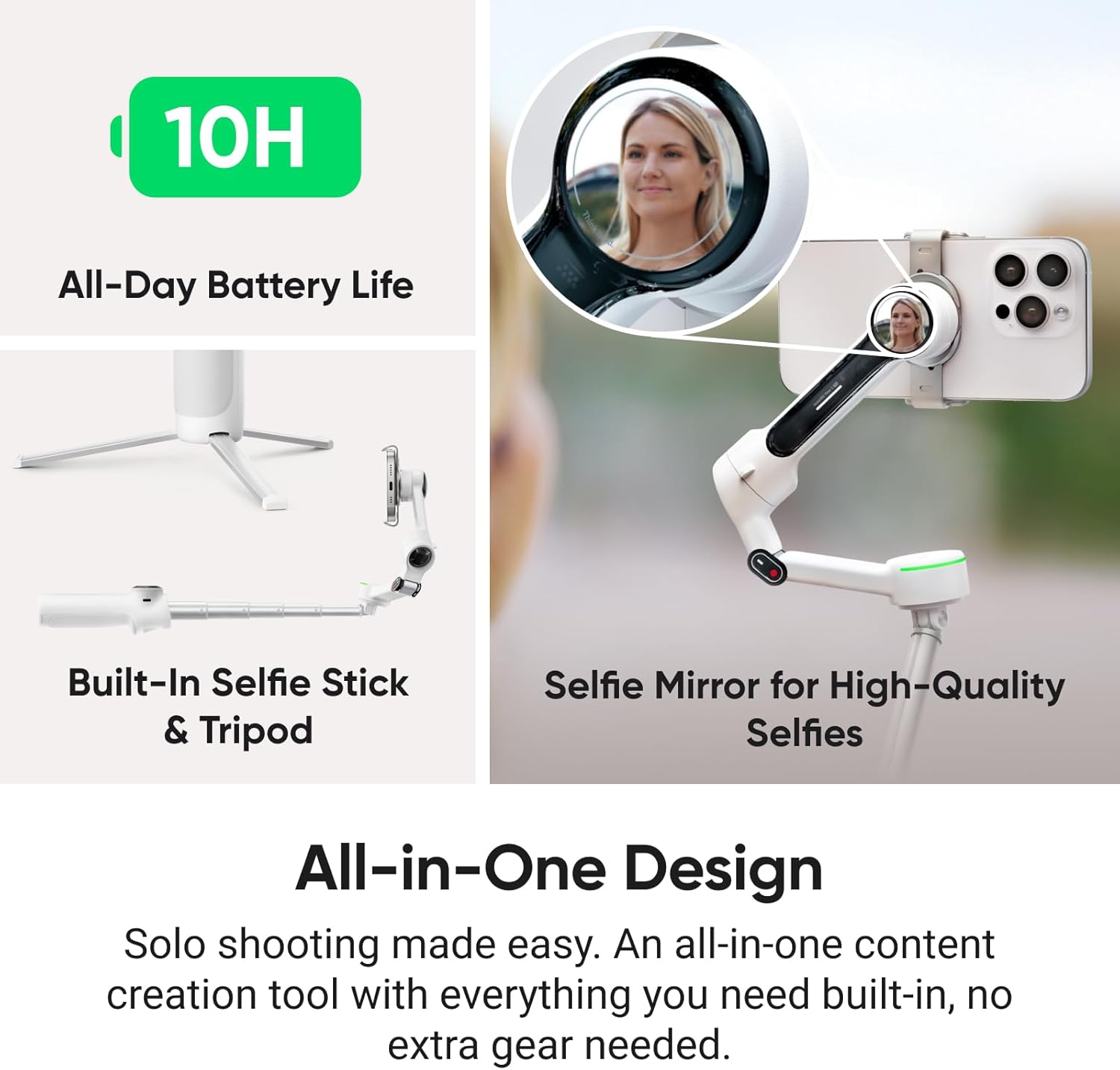 Insta360 Flow 2 Pro White - Foldable AI Phone Gimbal, Track in 200+ Apps with Apple DockKit, Multi-Person Tracking, 360º Pan Tracking, Built-in Tripod/Selfie Stick, iPhone/Android Portable Stabilizer