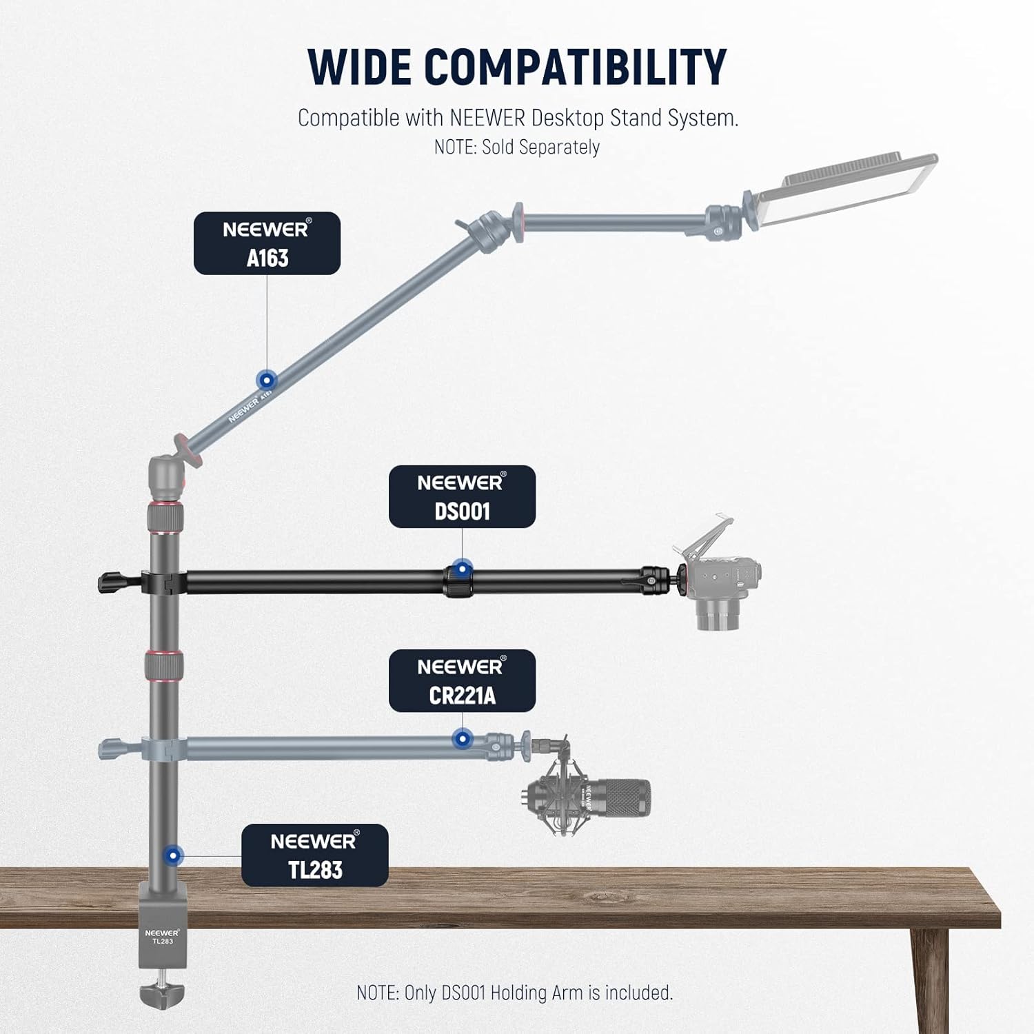 NEEWER DS001 Table Overhead Camera Mount Arm 11.8-20 inches/30-51 cm Telescopic Extension Arm for Table Stand with Ball Head Mount 1/4 Inch 3/8 Inch 5/8 Inch Screws for Webcam Camera LED Ring Light
