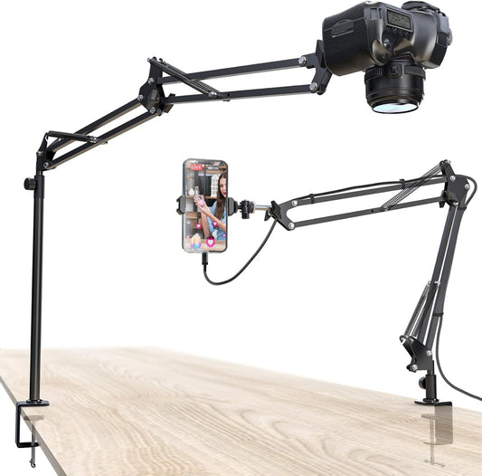 Overhead Camera Mount, 5lb Horizontal Load-Bearing, 360° Adjustable Camera Stand for Desk, Flexible Camera Arm Desk Mount, with Phone Clamp, Tabletop Mount for DSLR Camera/Webcam/Microphone